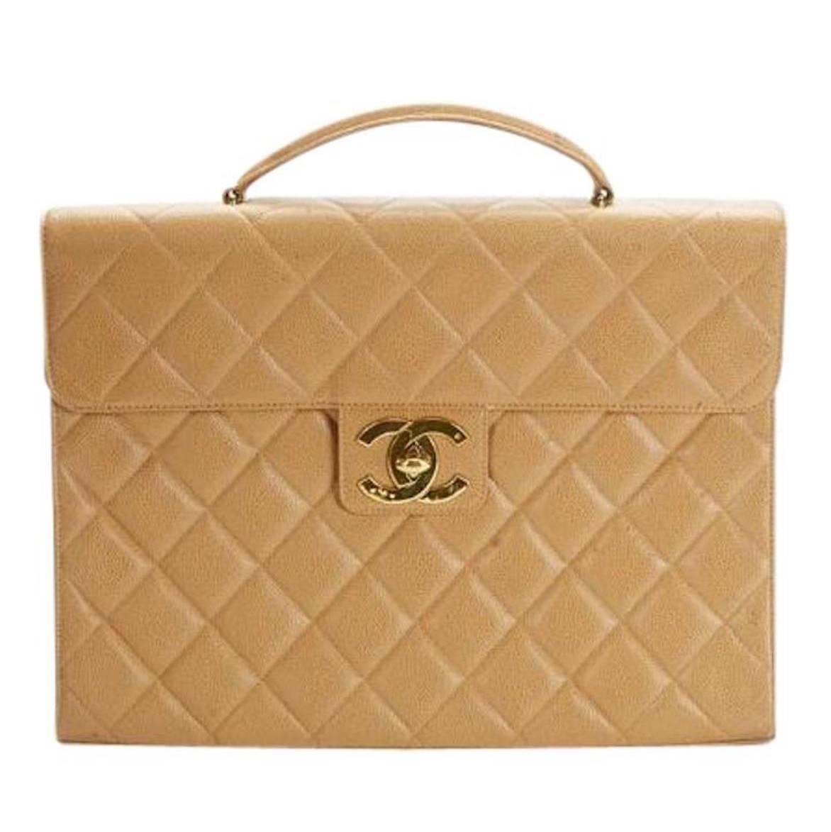 Chanel Vintage RARE Nude Tan Caviar Unisex Document Business Briefcase Flap Bag