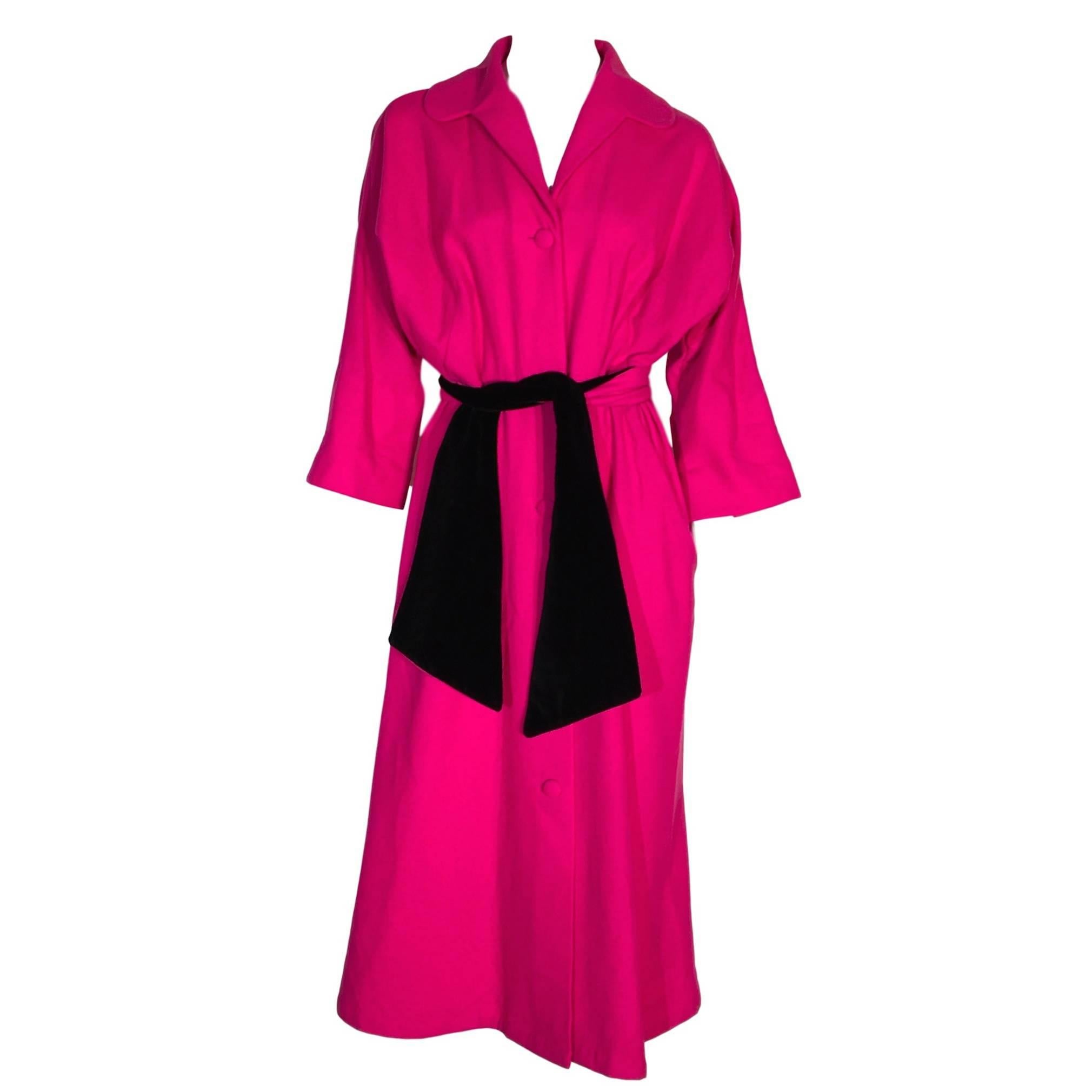 Vintage Pure Wool Wrap style Coat 1950s Pink Black Velvet Sash Kendal Milne UK For Sale