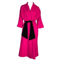Vintage Pure Wool Wrap style Coat 1950s Pink Black Velvet Sash Kendal Milne UK