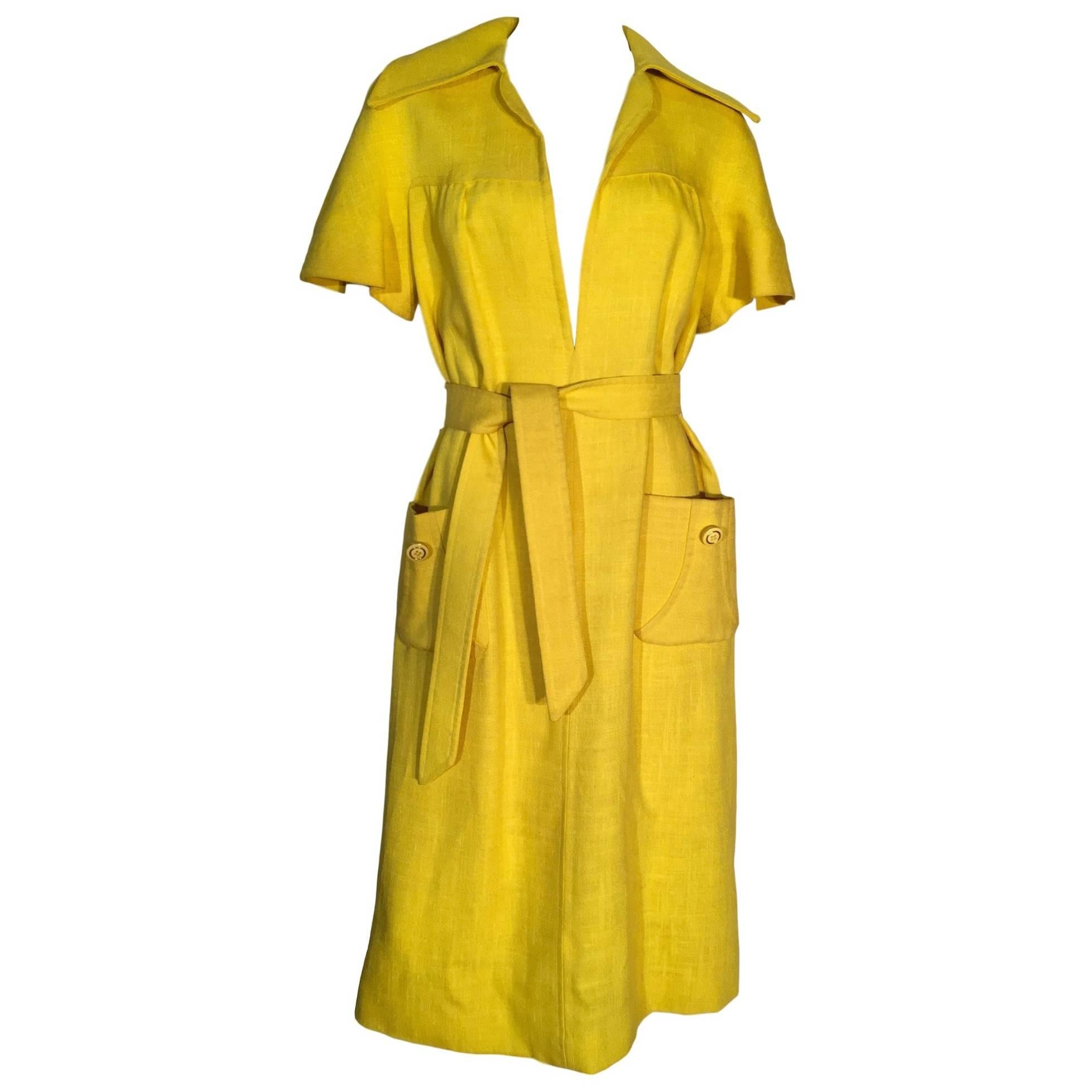Mansfield For Harrods Yellow Plunge Woven Mod 1970s Dress  For Sale