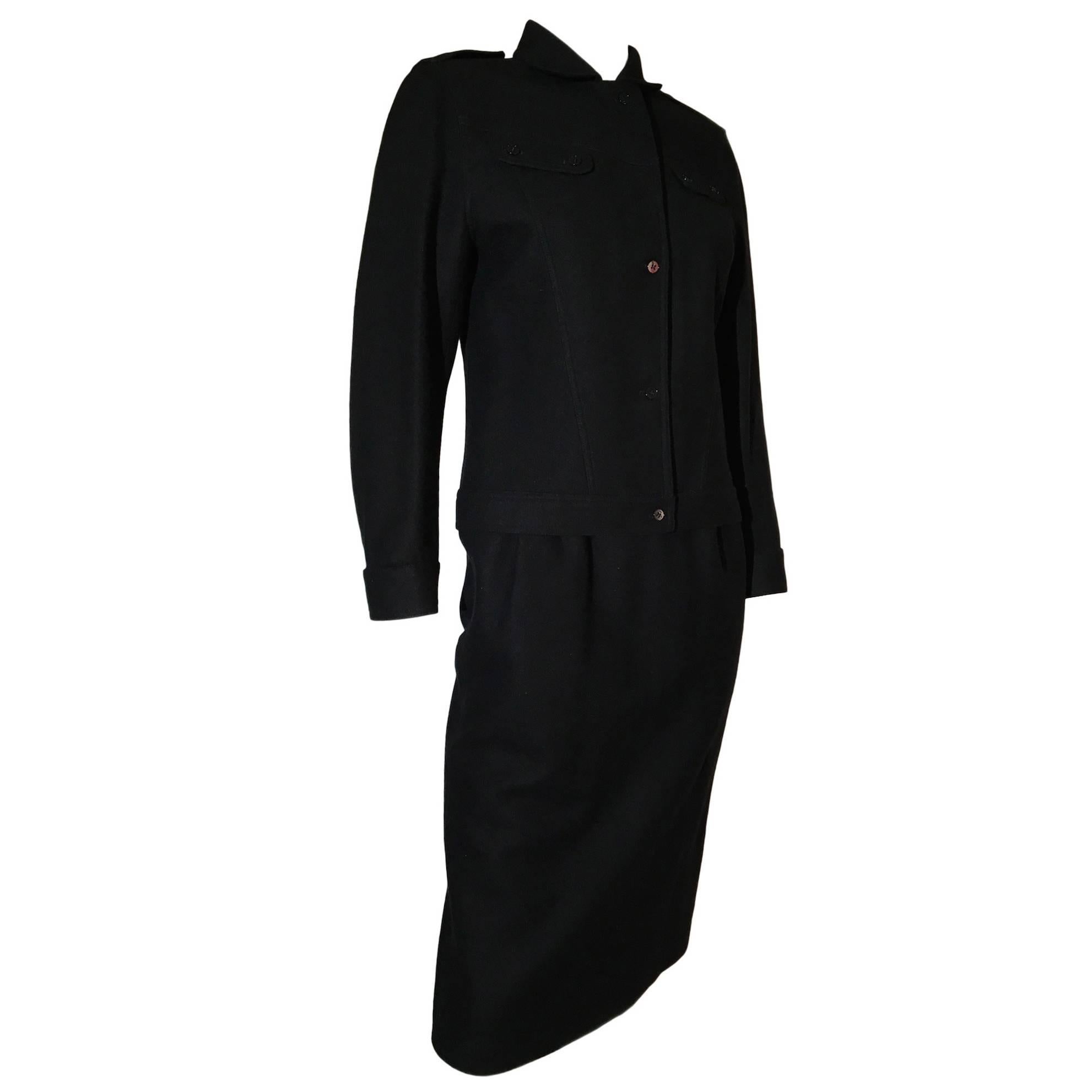 Enrico Coveri Vintage Wool 1980s Military style Skirt Jacket suit Set Black  For Sale