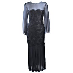 BILL BLASS Black Chiffon Gown with Gold Lame Bodice Size 12