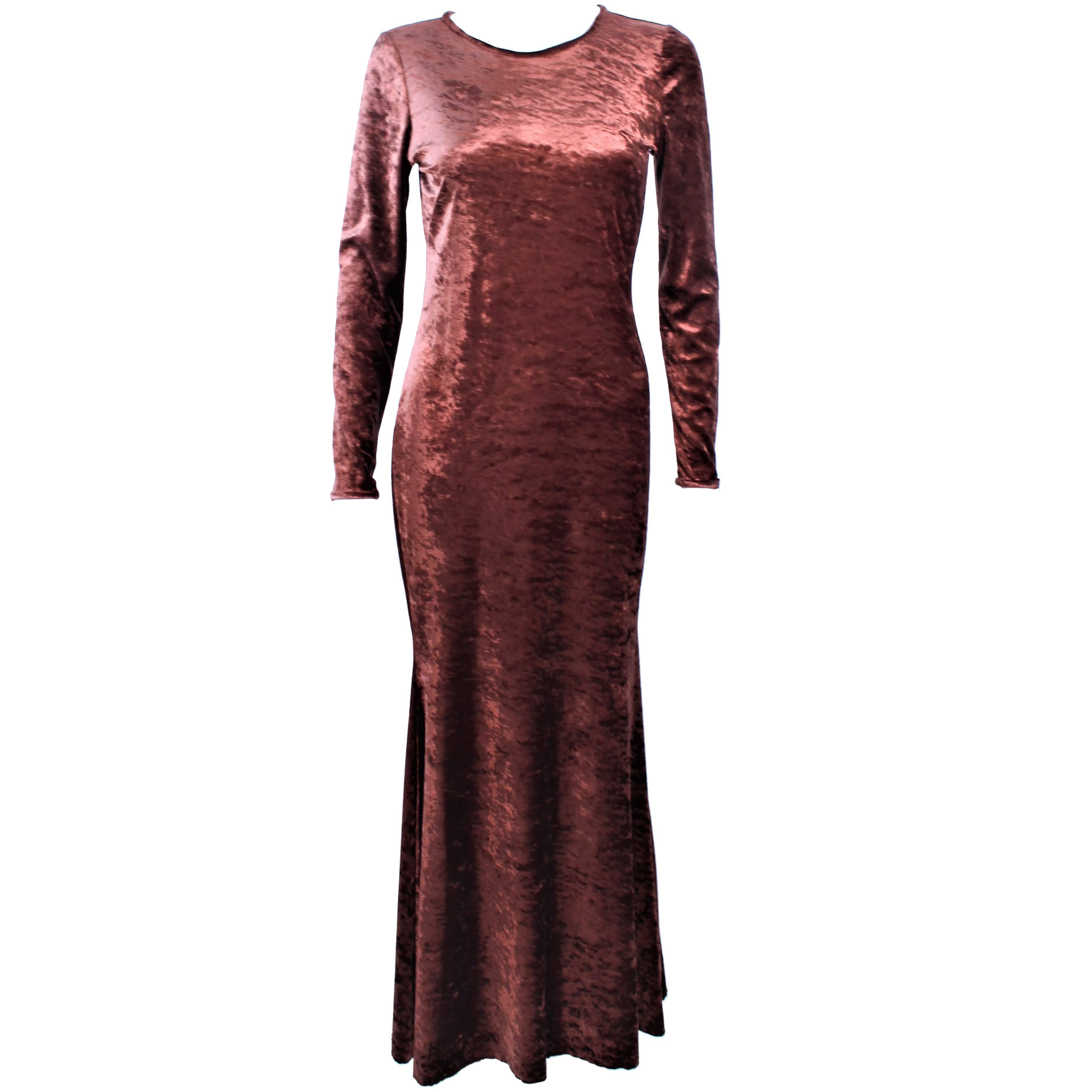 MARLY THOMAS Copper Stretch Long Sleeve Velvet Maxi Dress Size 4 6 For Sale