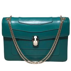 Bulgari Jade Green Leather Jeweled Snake Head Clasp Shoulder Bag