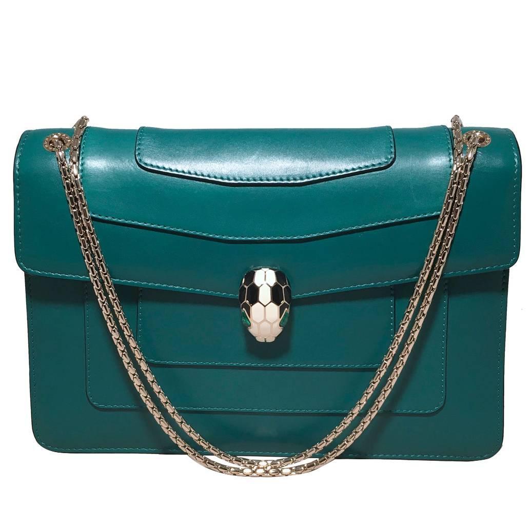 Bulgari Jade Green Leather Jeweled Snake Head Clasp Shoulder Bag For ...