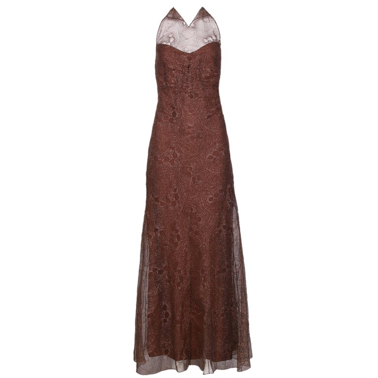 1999 Chanel Halter Evening Gown w/Metallic Embroidered Overlay and Low Cut  Back at 1stDibs