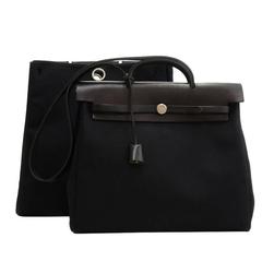 Hermes Herbag MM 2 in 1 Black Canvas Leather Shoulder Hand Bag