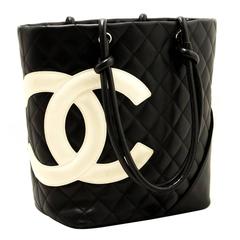 CHANEL Cambon Tote Shoulder Bag Lambskin Black Quilted Silver 