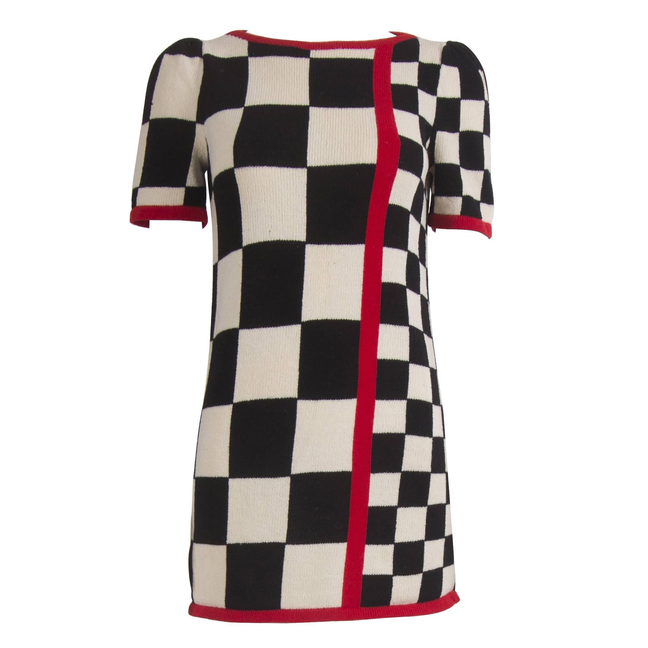 1980s Raul Blanco Racing Flag Knitted Dress with Red Piping For Sale