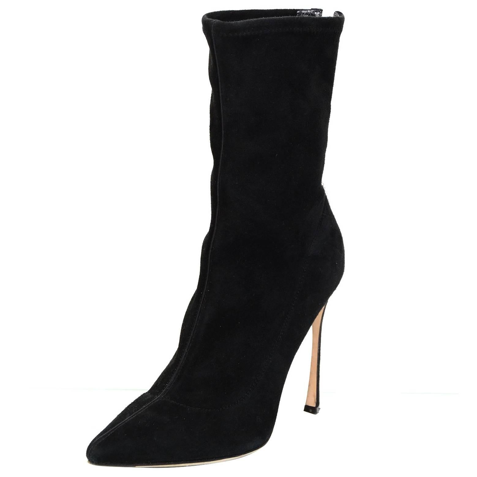 Sergio Rossi Black Suede Point Toe Boots w/ Back Crystal Detail sz 38.5 rt $1460
