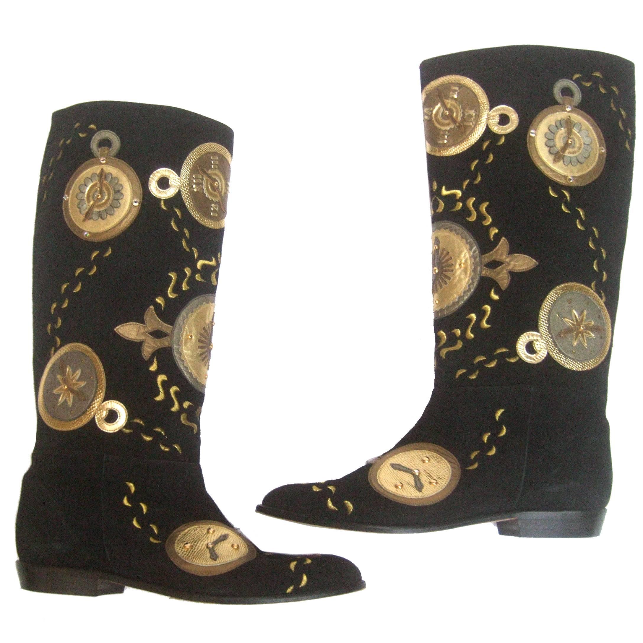 Unique Black Suede Metallic Clock Theme Boots by Zalo  For Sale