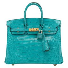 Hermes Blue Paon Lagon Turquoise Crocodile Gold Birkin 25 Handbag – MAISON  de LUXE