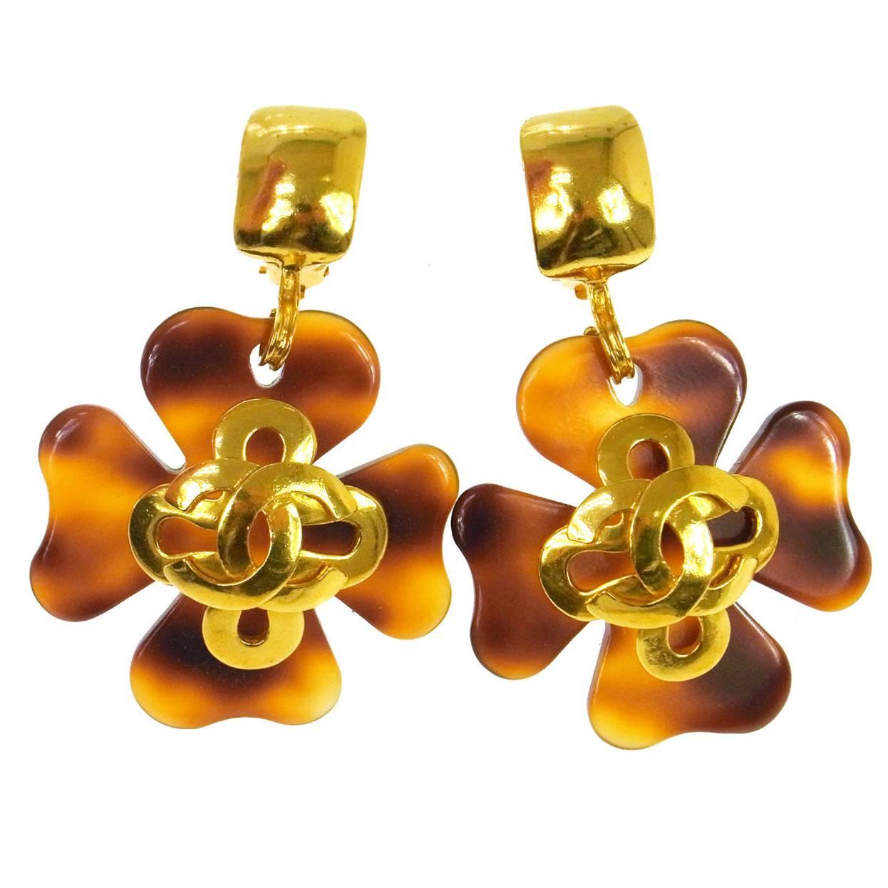 Chanel Vintage Gold Brown Clover Large Evening Dangle Drop Statement Earrings