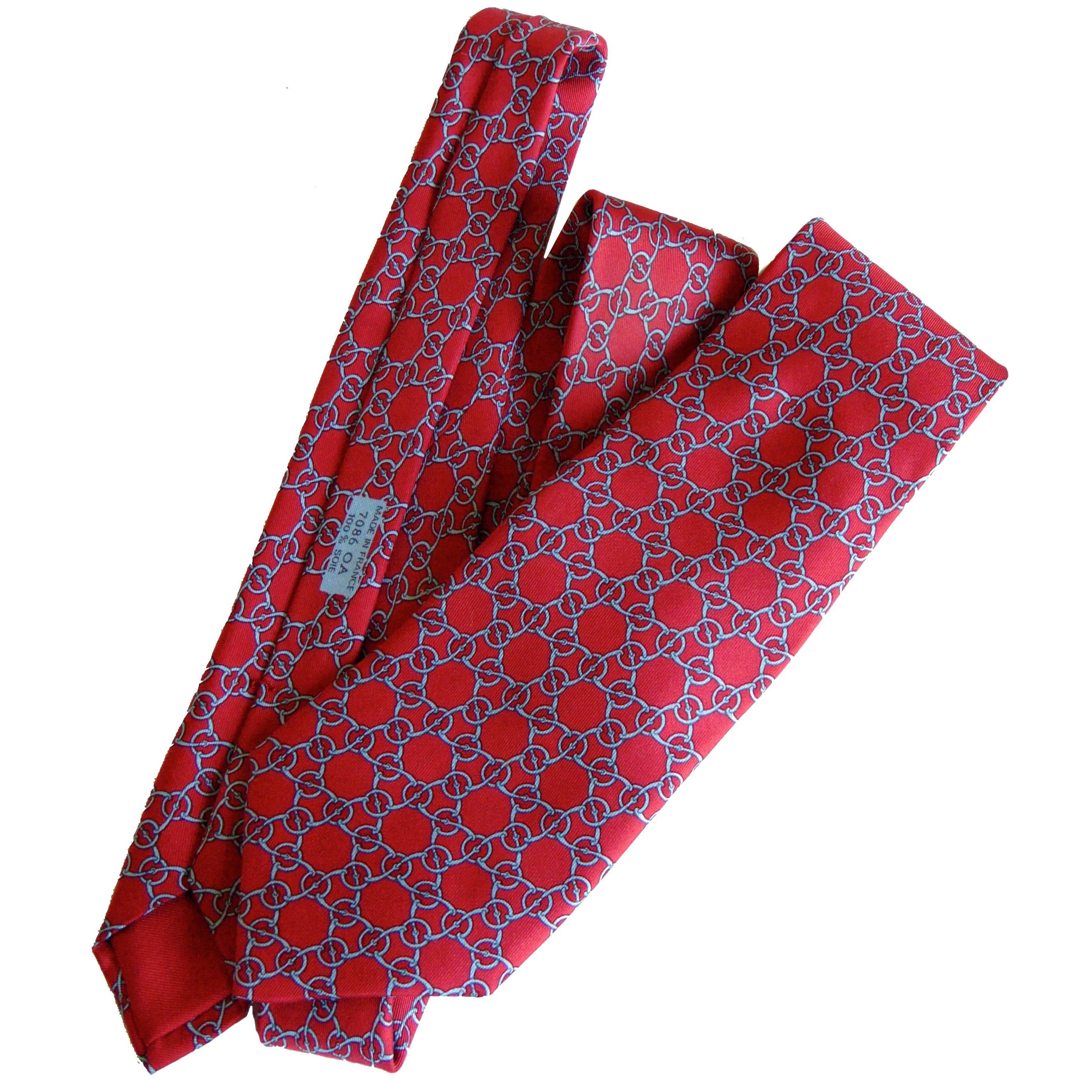 Hermes Men's Silk Necktie Tie 7086 OA Brick Red Snaffle Horse Bit