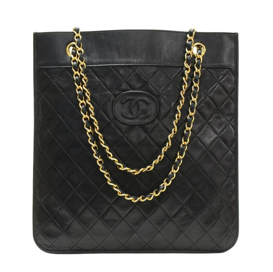 Vintage Chanel Black Quilted Leather Flat Shoulder Tote Bag