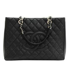 Used Chanel GST Black Quilted Caviar Leather Large Grand Shopping Tote Bag