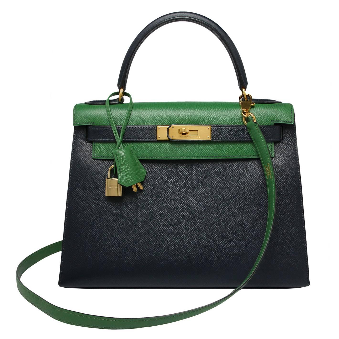 Hermes Kelly Sellier 28cm 
Bi colour vert clair & blue indigo
Courchevel leather
Gold hardware 
Stamp: X Circle 1994 
Comes with Hermes cloth bag, strap, clochette lock & keys.

This an extremely desirable & rare Kelly bag.  The bi colours