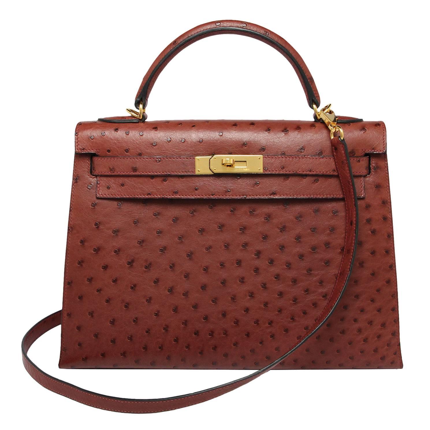 Hermes Kelly sellier 32cm rouge hermes
Ostrich 
Gold hardware 
Stamp NA but circa late 1990s
Comes with Hermes cloth bag, clochette, lock & keys

This is a stunning winter colour which is currently discontinued in ostrich skin.