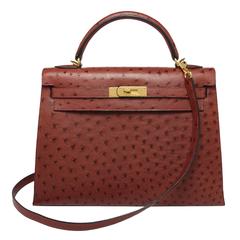 Hermes Kelly 32cm Rouge Hermes Ostrich Gold Hardware