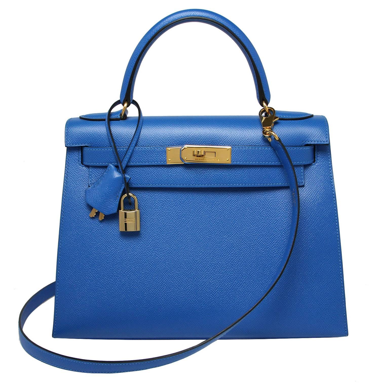 Hermes Kelly sellier 28cm french blue 
Courchevel leather
Gold hardware 
Stamp: A Square 1997 
Comes with Hermes cloth bag, clochette, lock & keys 

