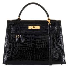 AS NEW Hermes 32cm Black Porous Crocodile Kelly Bag with Gold Hardware