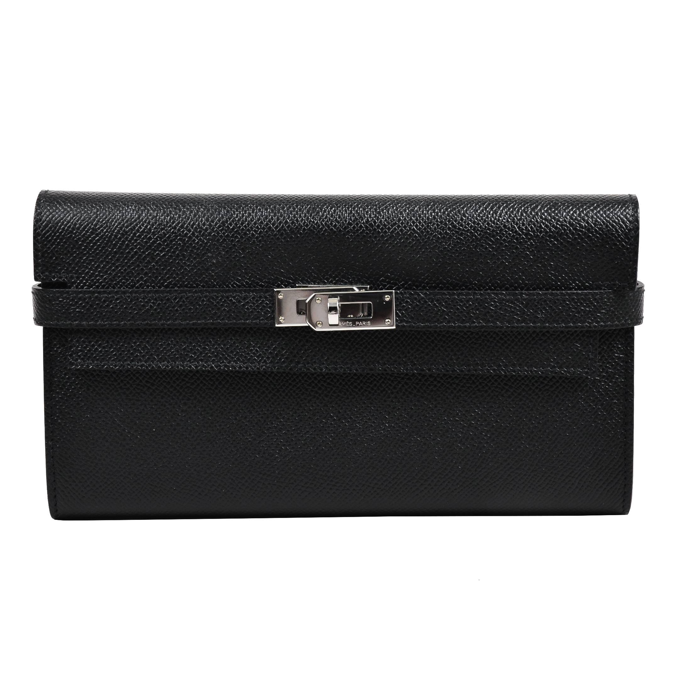 Hermes $3375 Black & Silver Tone 'Epsom' Calfskin Leather "Kelly" Wallet For Sale