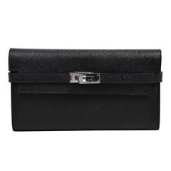 Hermes $3375 Black & Silver Tone 'Epsom' Calfskin Leather "Kelly" Wallet
