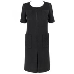 JEAN PATOU c.1960's KARL LAGERFELD Black Short Sleeve Mod 100% Wool Shift Dress