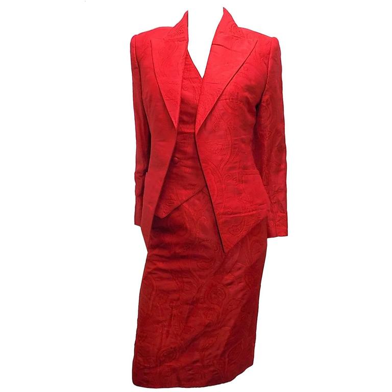 Hermes Vintage Red Silk Brocade 3 Pc skirt suit Fabulous !!! at 1stDibs