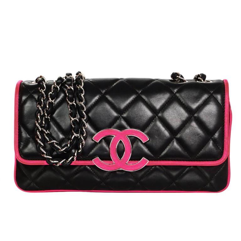 Chanel Black and Neon Pink Lambskin Leather Quilted CC Flap Bag