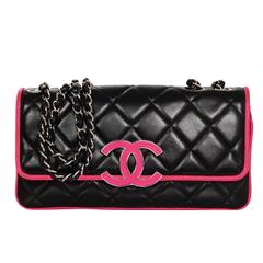 Chanel Black and Neon Pink Lambskin Leather Quilted CC Flap Bag