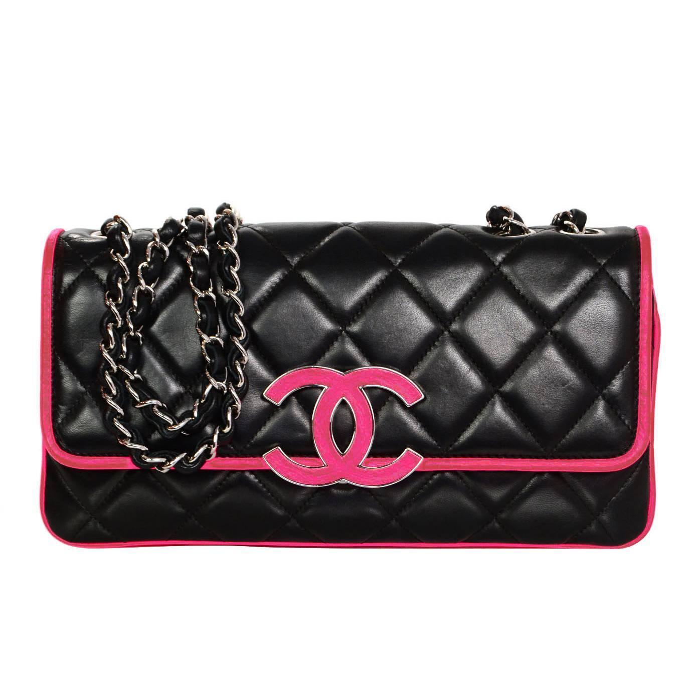 Chanel Black and Neon Pink Lambskin Leather Quilted CC Flap Bag For