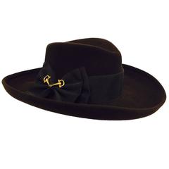 Tracey Tooker Chocolate Felt Upturned Wide Brimmed Hat/Gold Tone Horse Bit