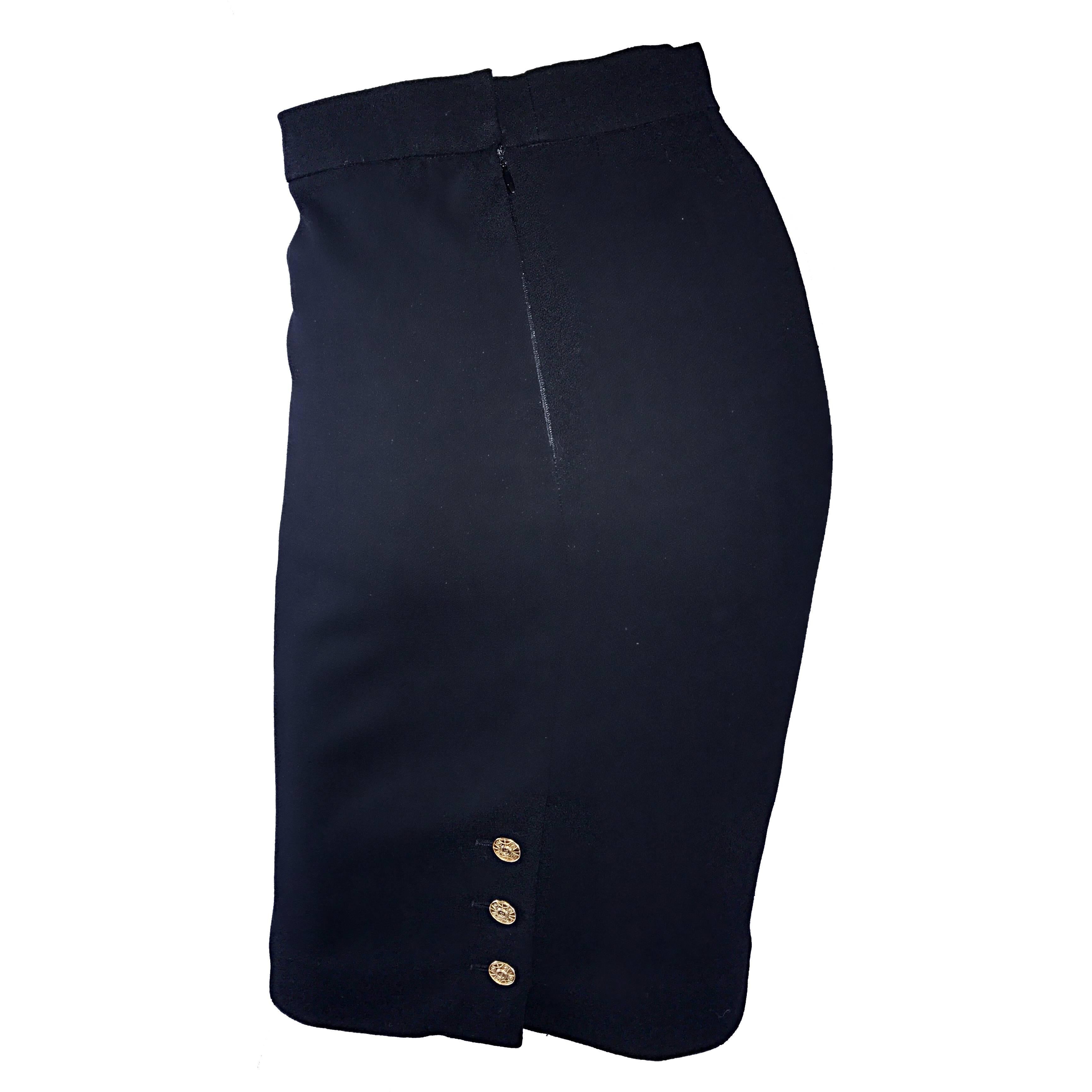 Vintage Chanel Black Wool High Waisted 90s Bodycon Pencil Skirt Gold CC Buttons For Sale