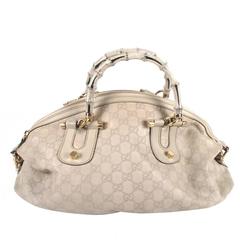 Gucci Bamboo Leather Monogram Shoulder Bag - Tan Beige GG Gold Satchel Handbag