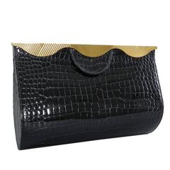 Hermes Vintage 1998 Limited Edition Black Crocodile Clutch with Gold Frame