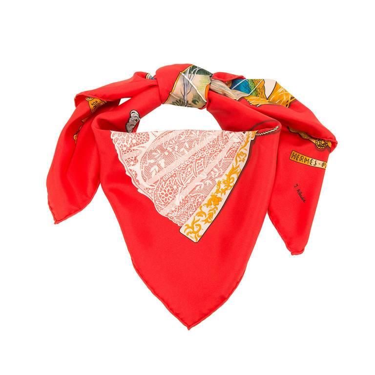 'Brise de Charme' by Julia Abadie. Just the most magical, charming, Hermes printed silk scarf. Decorated with intense colours, depicting exotic 'Fans', its a must-have piece for serious collectors and a great accessory for that chic outfit.