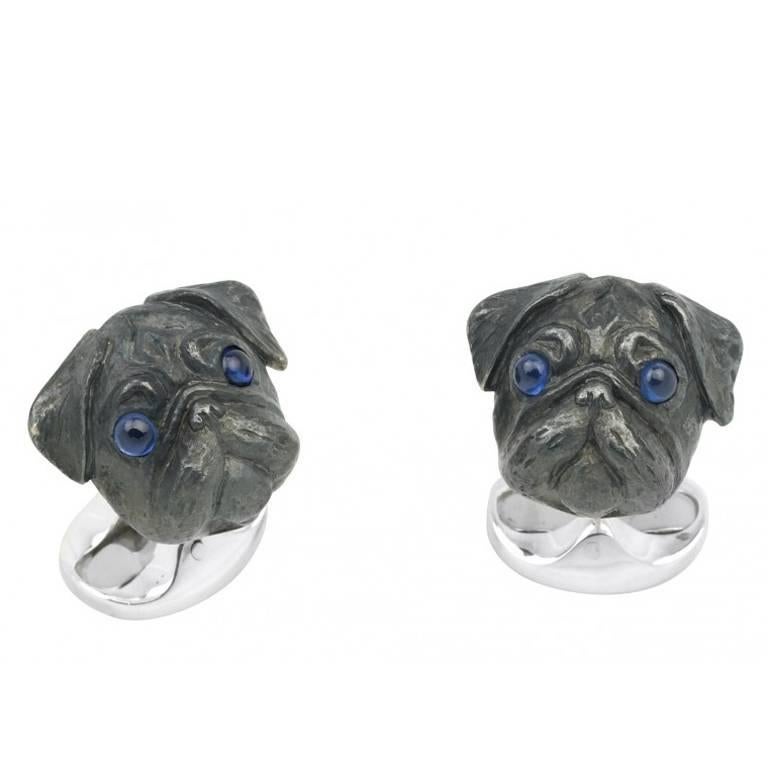 Sterling Silver Pug Dog Head Cuff Links by Deakin & Francis For Sale