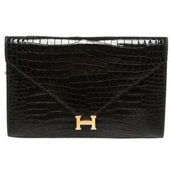 Hermes Black Crocodile Porosus Lisse Lydie Clutch Handbag