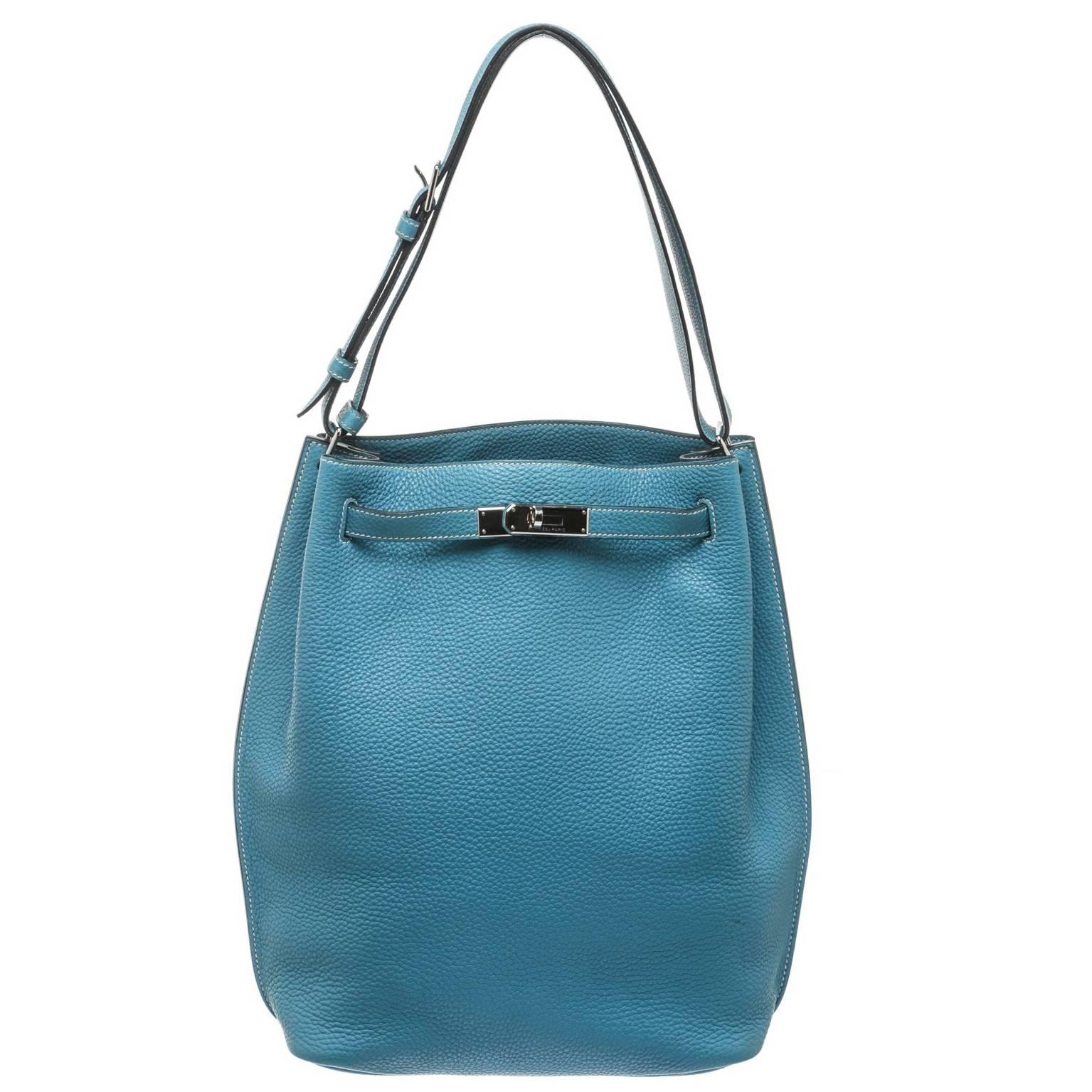 Hermes Turquoise Togo Leather So Kelly Shoulder Handbag For Sale
