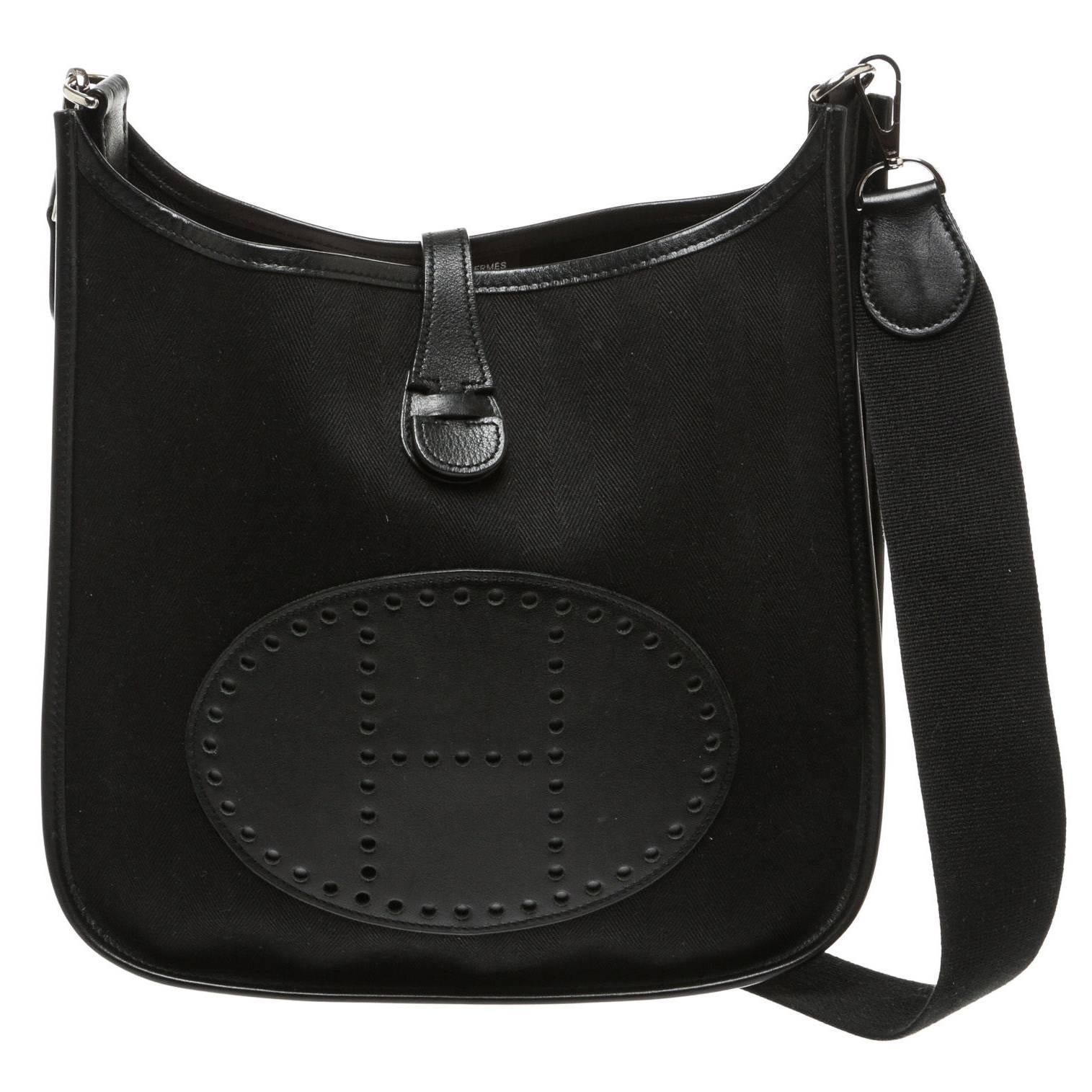 Hermes Black Canvas and Black Leather Evelyne II Messenger Handbag For Sale