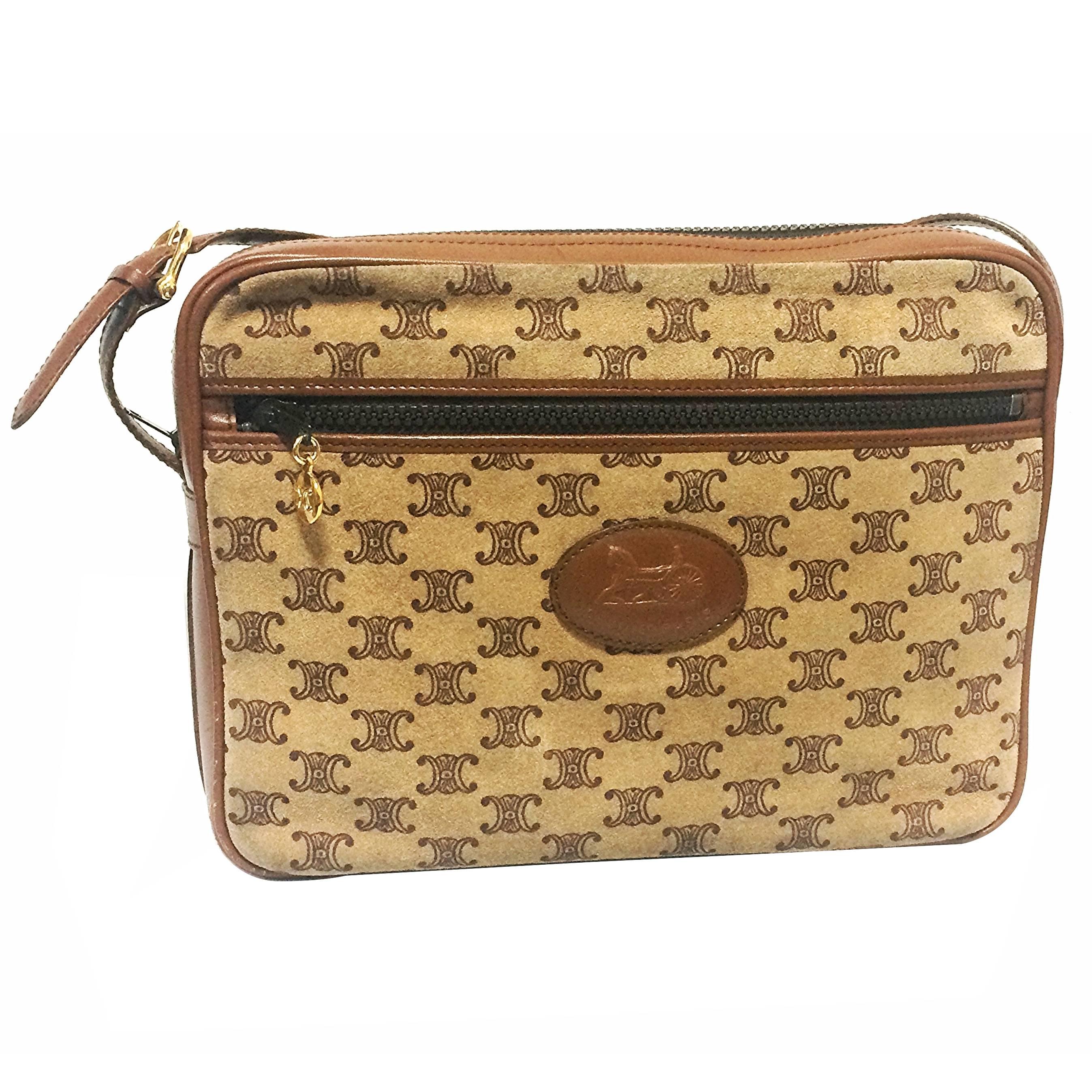 Vintage Celine tanned brown suede leather in macadam blason pattern shoulder bag For Sale
