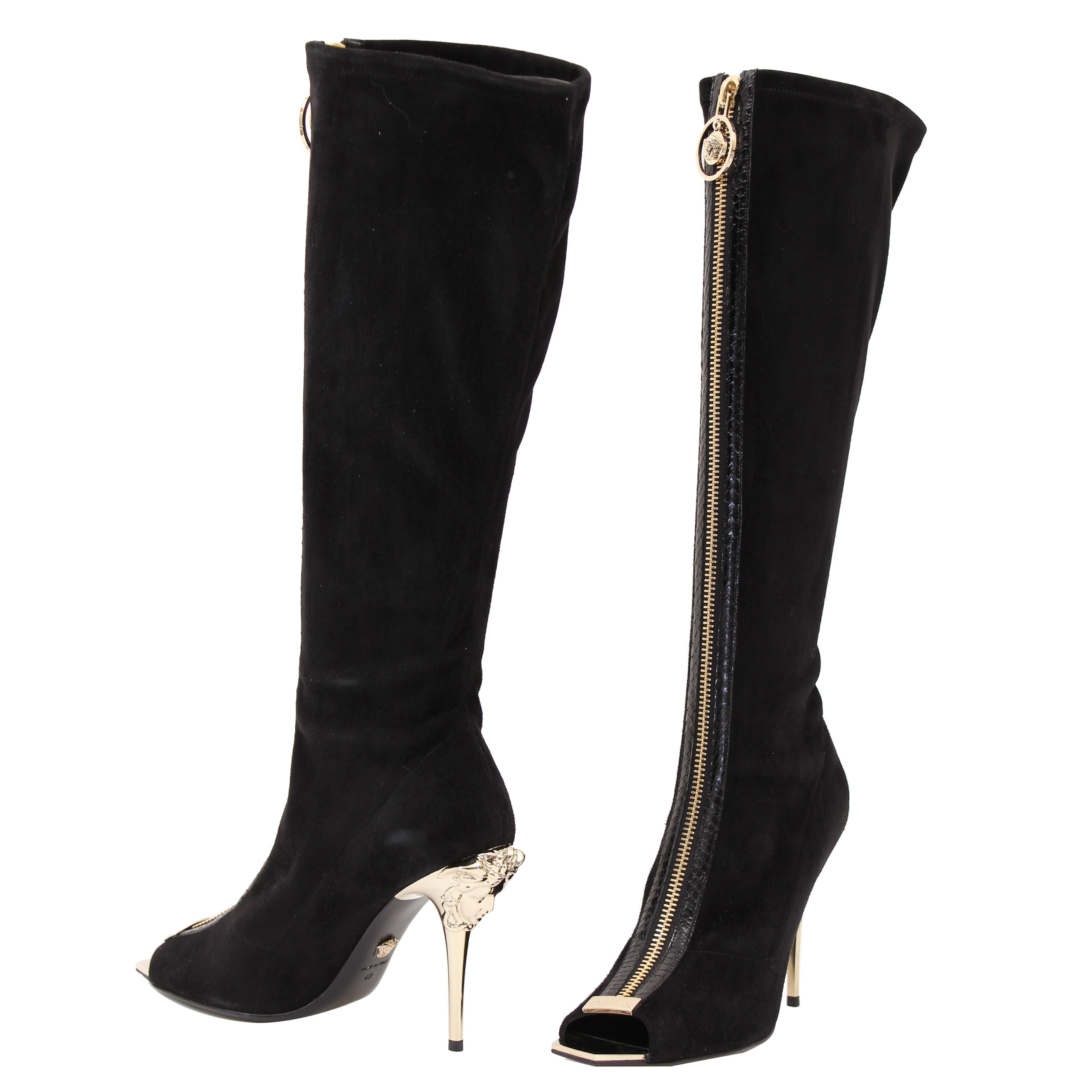 New VERSACE Knee High Black Suede Boots with gold Medusa heel and open toe