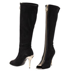 New VERSACE Knee High Black Suede Boots with gold Medusa heel and open toe