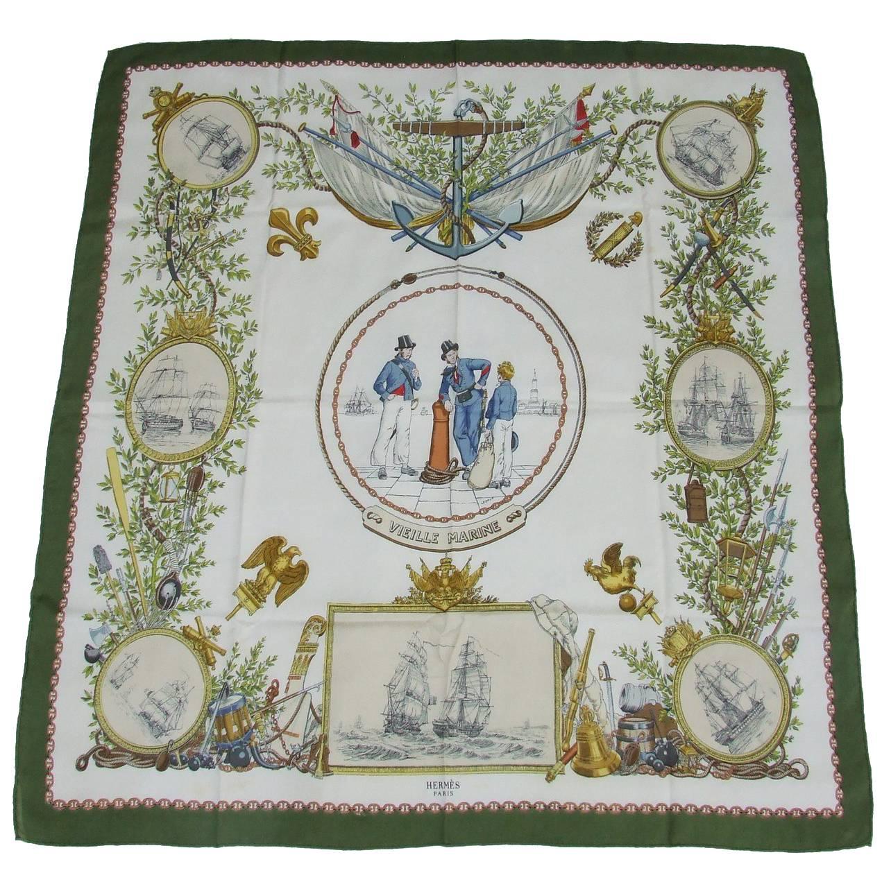 Rare Vintage Hermes Silk Scarf Vieille Marine Old Navy Ledoux 1970 90 cm