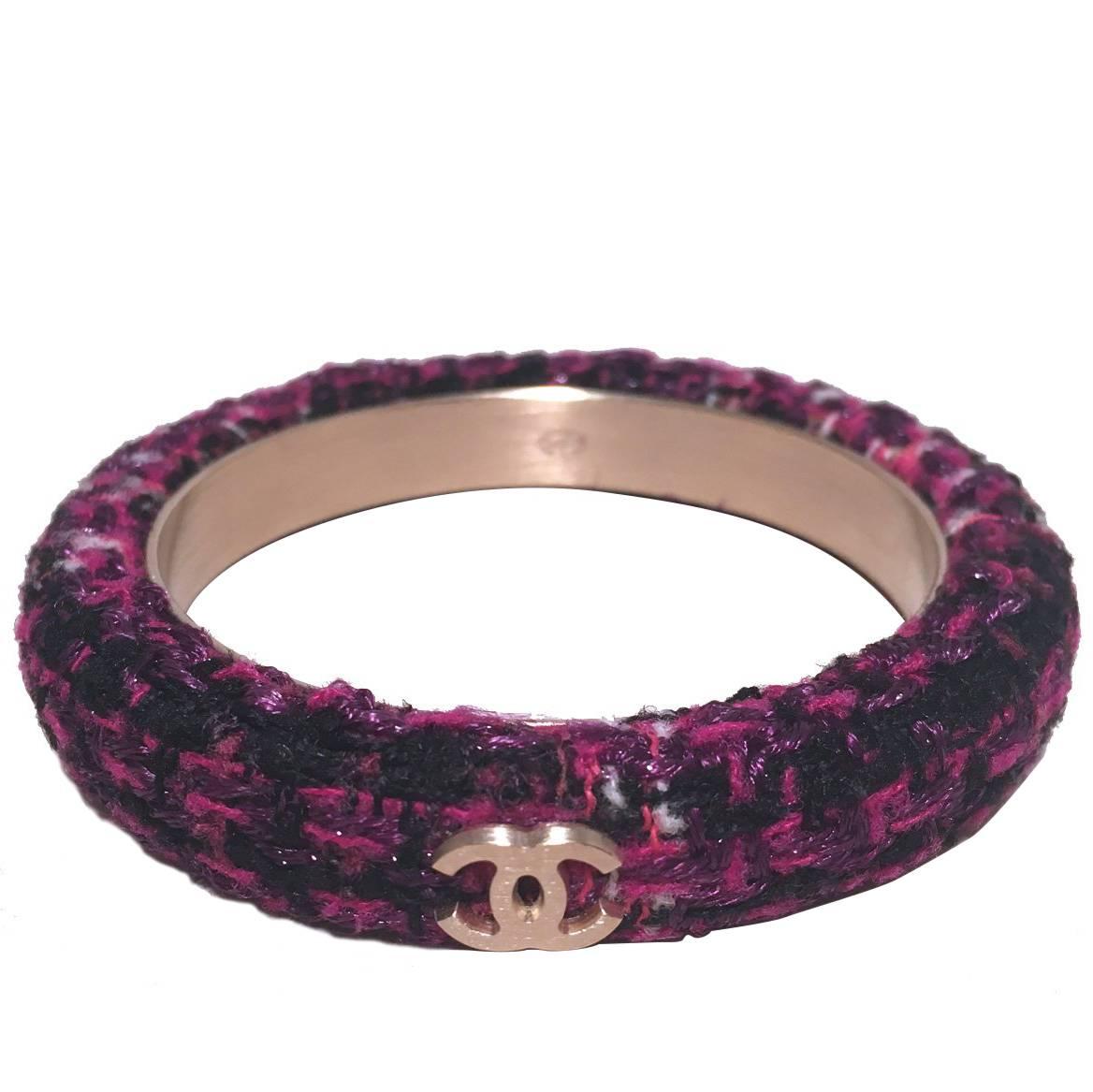 Chanel Purple Tweed and Steel Bangle Bracelet For Sale