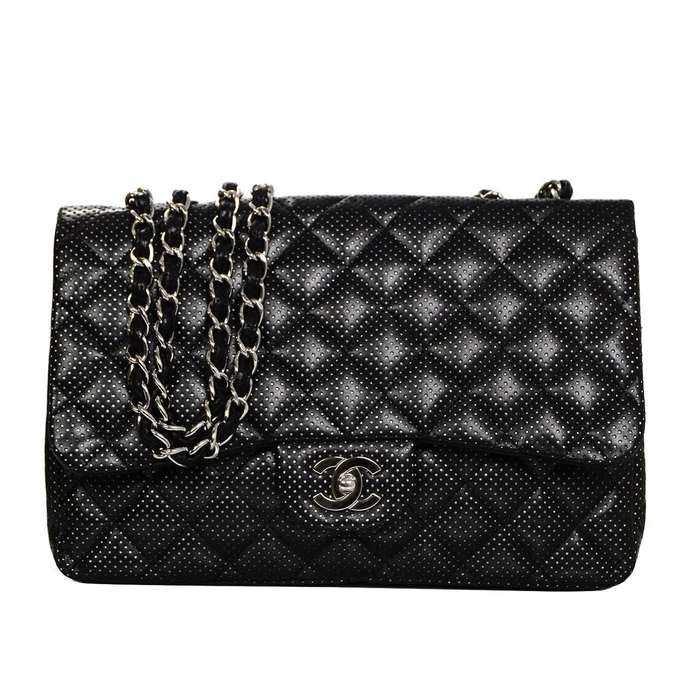 Chanel Black Perforated Jumbo Quilted Classic Flap Bag SHW