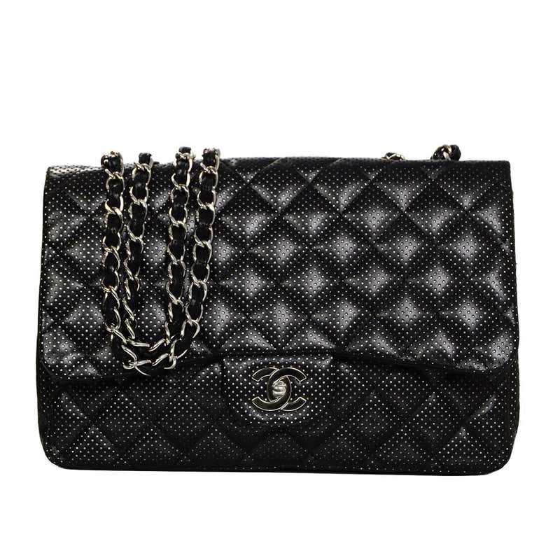 Chanel Black Perforated Jumbo Quilted Classic Flap Bag SHW For Sale at ...