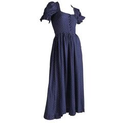 1970s Vintage Biba Polka Dot Blue White Maxi Tea Dress UK 8