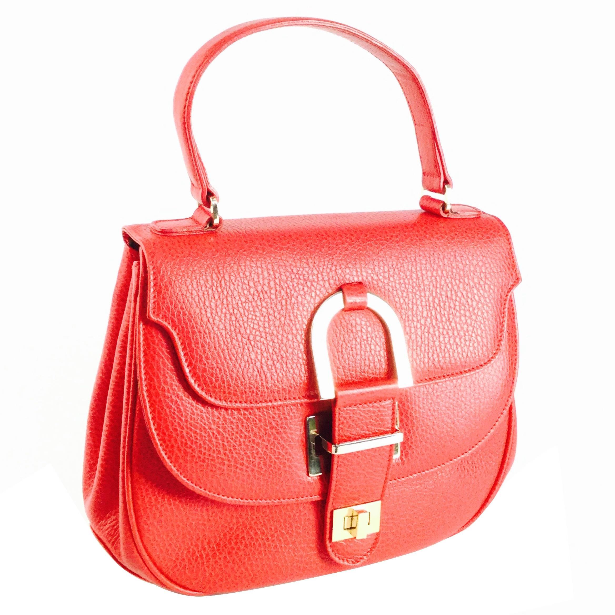  Vintage Oscar de la Renta Red Leather Top Handle Double Flap Saddle Bag For Sale